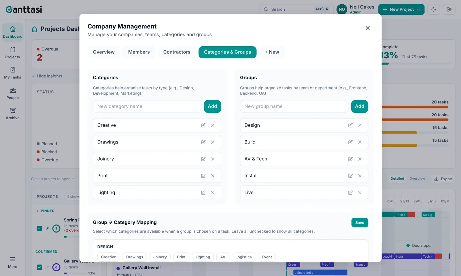 Categories and Groups tab with categories on the left and groups on the right