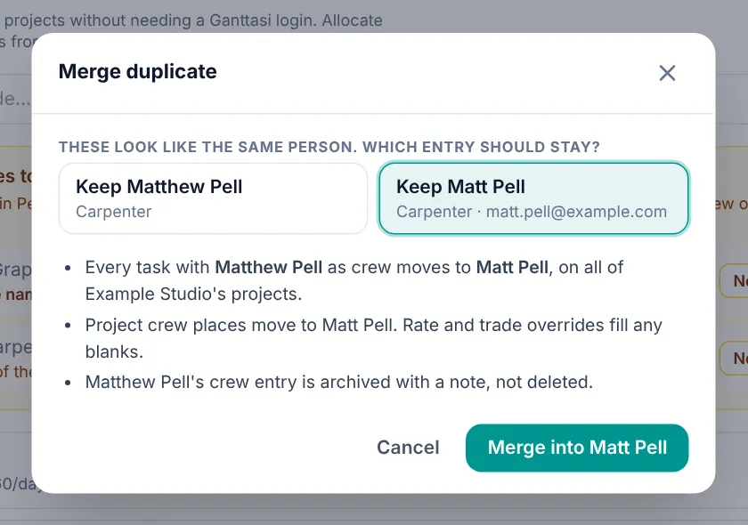 Merge dialog asking which of Matt Pell and Matthew Pell to keep