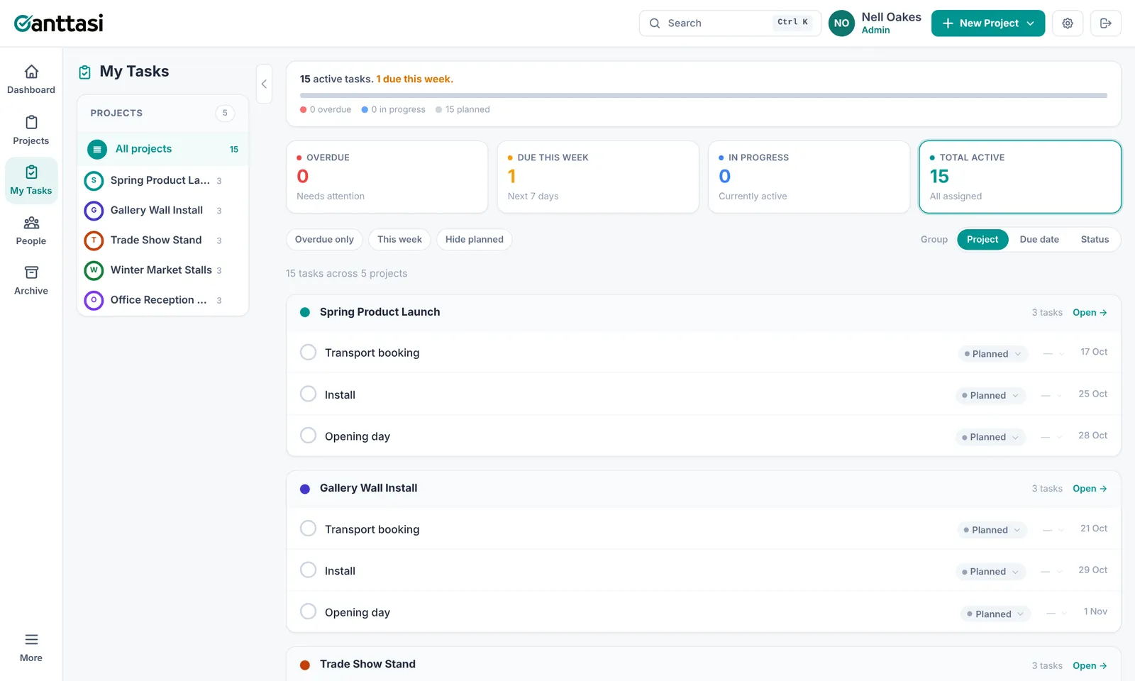 My Tasks page grouped by project