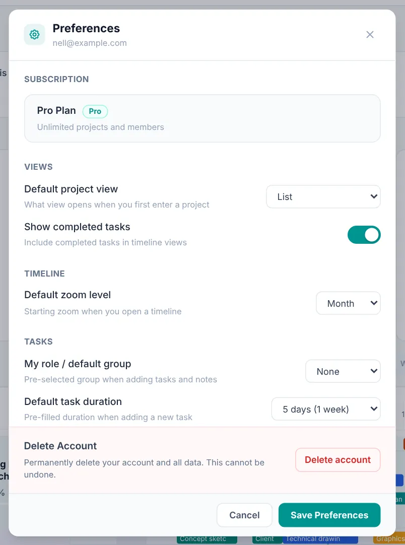 Preferences window with default view, timeline and task settings