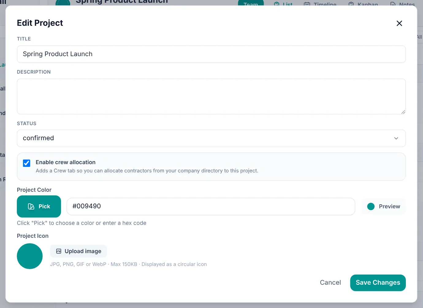 Edit Project dialog with title, description, status, contractor allocation, colour and icon