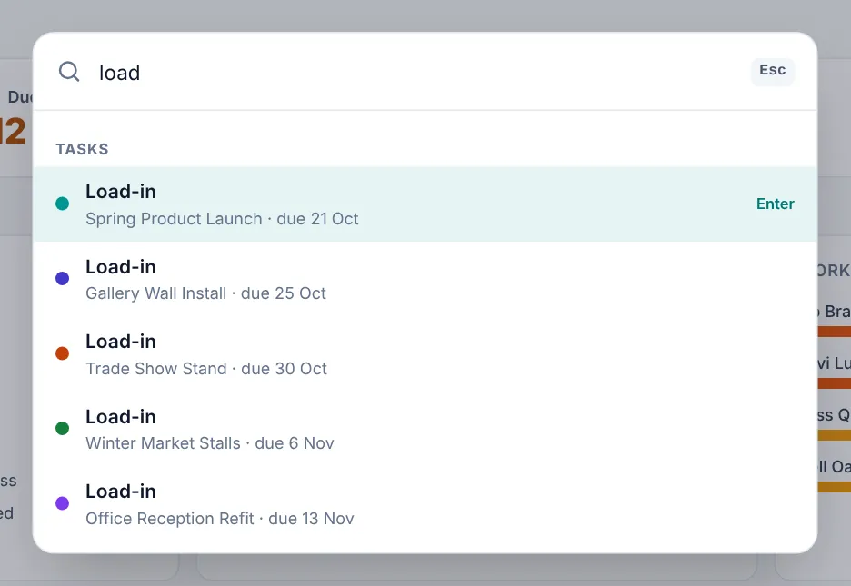 Search box showing Load-in tasks from five projects