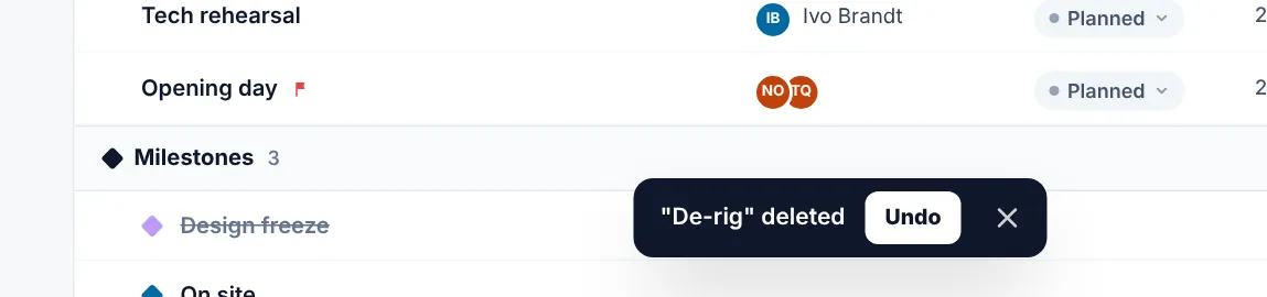 Bar at the bottom of the screen reading De-rig deleted, with an Undo button